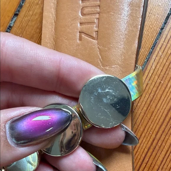 SCHUTZ Tan Leather Slides with Gold Disc Embellishments - Picture 4 of 4